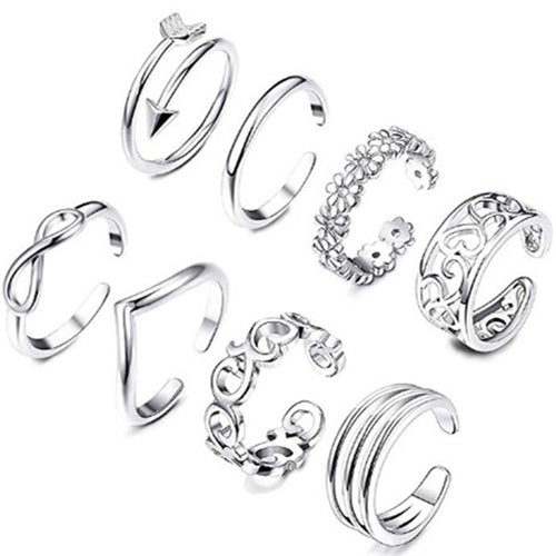 9-Piece Silver Toe & Finger Ring Set – Adjustable Boho Charm Rings for Women