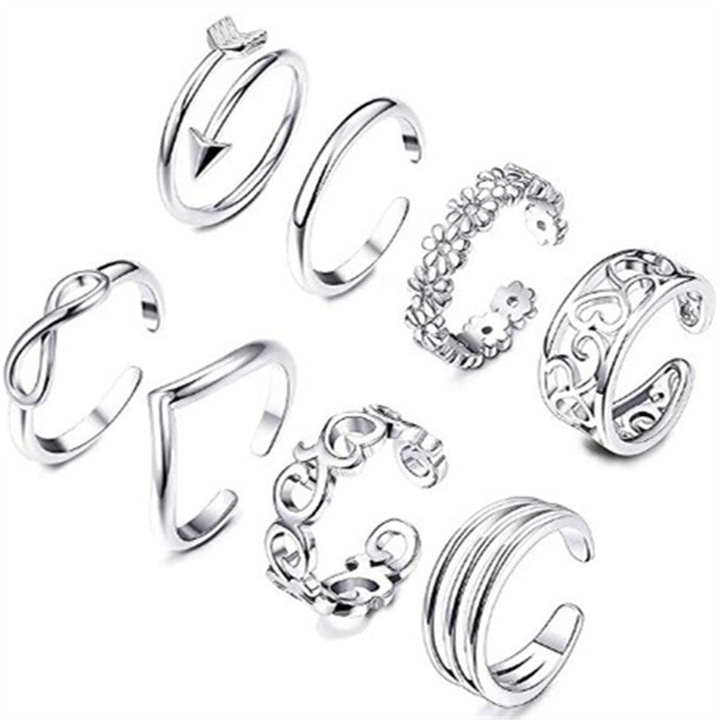 9-Piece Silver Toe & Finger Ring Set – Adjustable Boho Charm Rings for Women