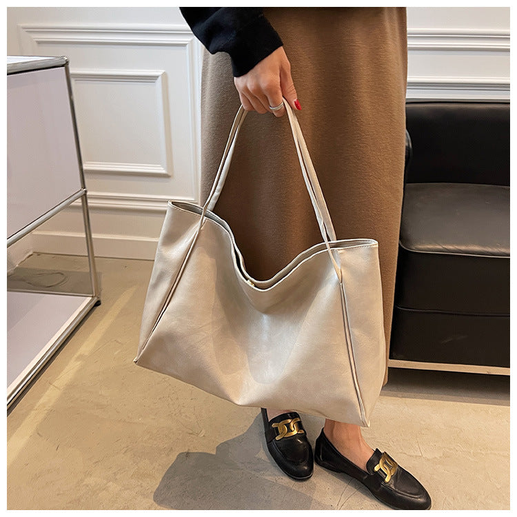 Vintage Soft Faux Leather Tote – Oversized Shoulder Bag for Women