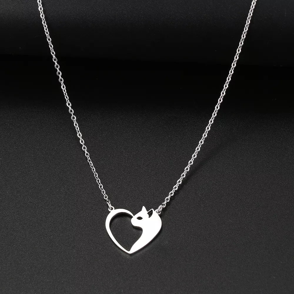 Gold Cat Heart Necklace – Cute Stainless Steel Pendant for Animal Lovers