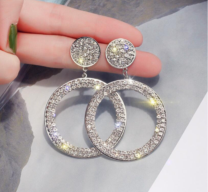 Statement Crystal Circle Drop Earrings – Bold Glamour in Gold