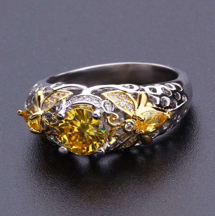 Golden Butterfly Zircon Ring – Vintage Elegance with Yellow Sparkle for Women