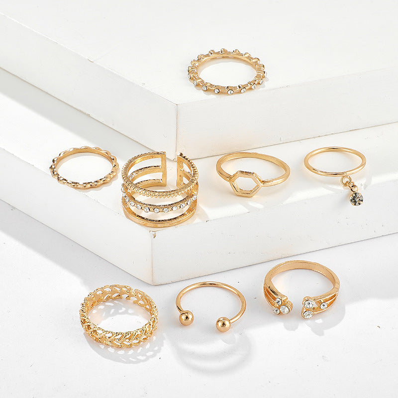 Luxury Gold Ring Set – 8-Piece Dainty & Boho Stacking Rings with Rhinestone Charms