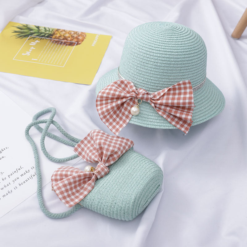 Children’s Summer Straw Hat & Bag Set – Beige with Gingham Bow