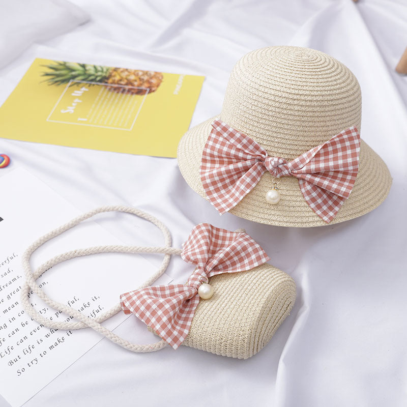 Children’s Summer Straw Hat & Bag Set – Beige with Gingham Bow