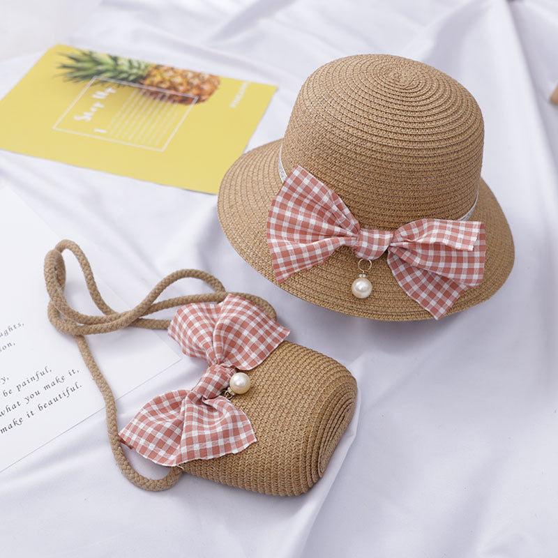 Children’s Summer Straw Hat & Bag Set – Beige with Gingham Bow