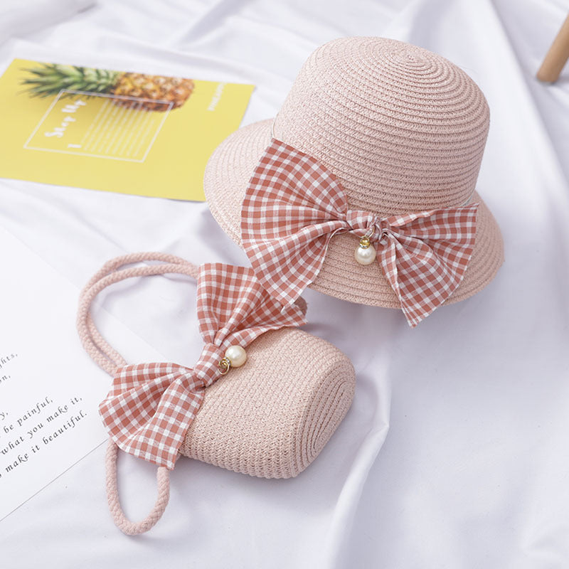 Children’s Summer Straw Hat & Bag Set – Beige with Gingham Bow