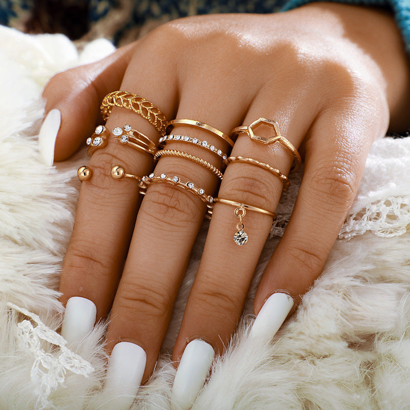 Luxury Gold Ring Set – 8-Piece Dainty & Boho Stacking Rings with Rhinestone Charms