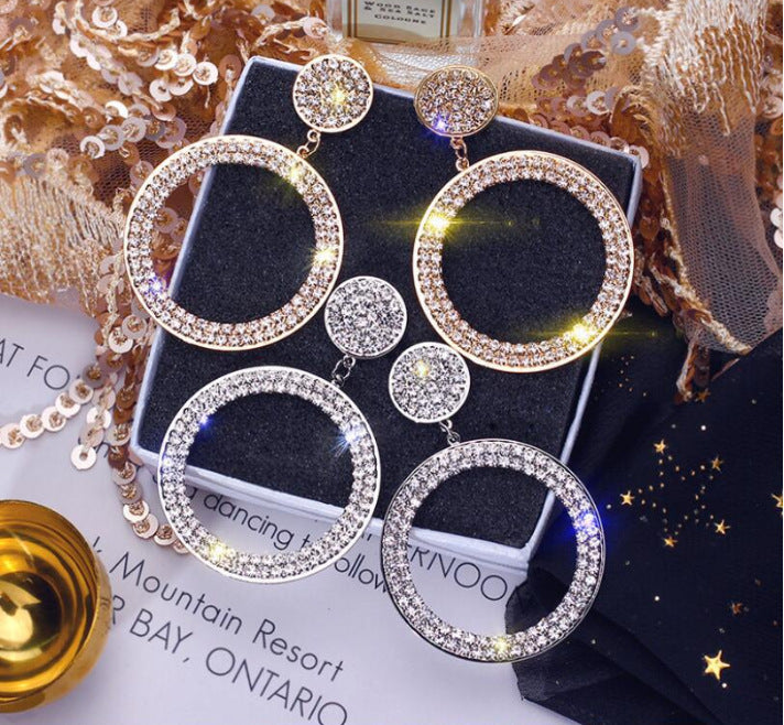 Statement Crystal Circle Drop Earrings – Bold Glamour in Gold