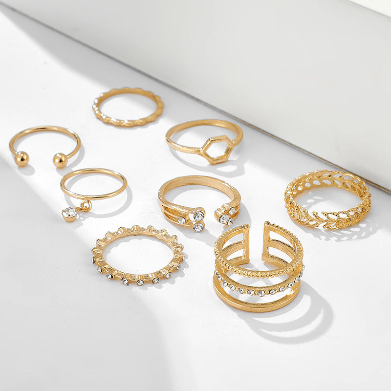 Luxury Gold Ring Set – 8-Piece Dainty & Boho Stacking Rings with Rhinestone Charms