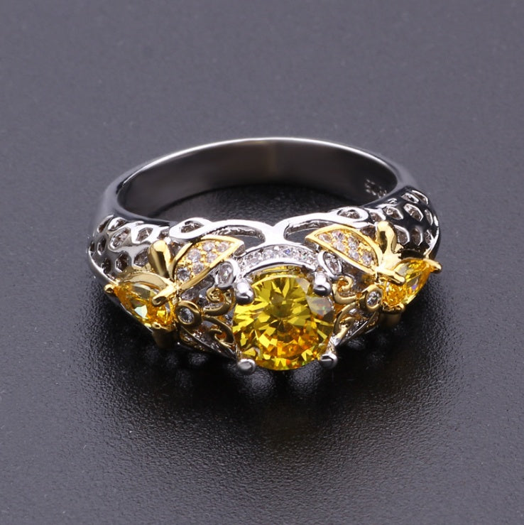 Golden Butterfly Zircon Ring – Vintage Elegance with Yellow Sparkle for Women