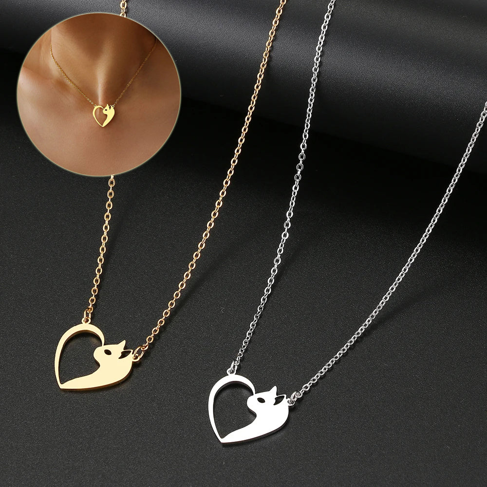Gold Cat Heart Necklace – Cute Stainless Steel Pendant for Animal Lovers