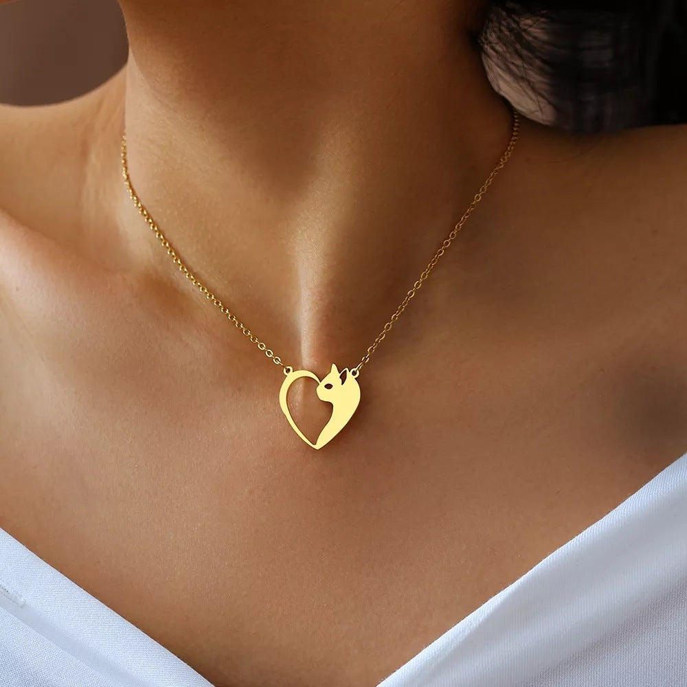 Gold Cat Heart Necklace – Cute Stainless Steel Pendant for Animal Lovers