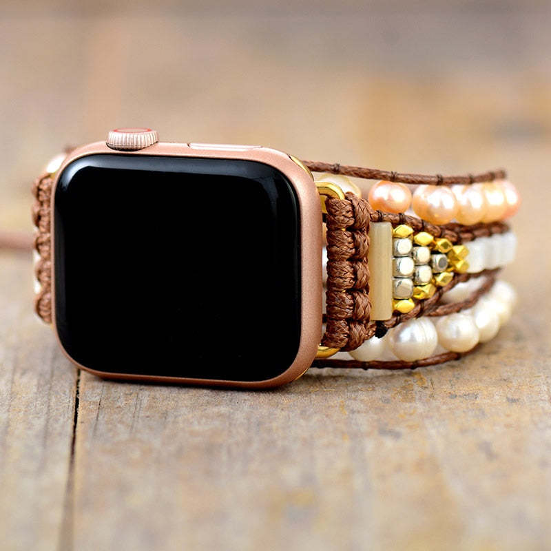 Boho Pearl Apple Watch Strap – Handmade Leather Bracelet Band for Women