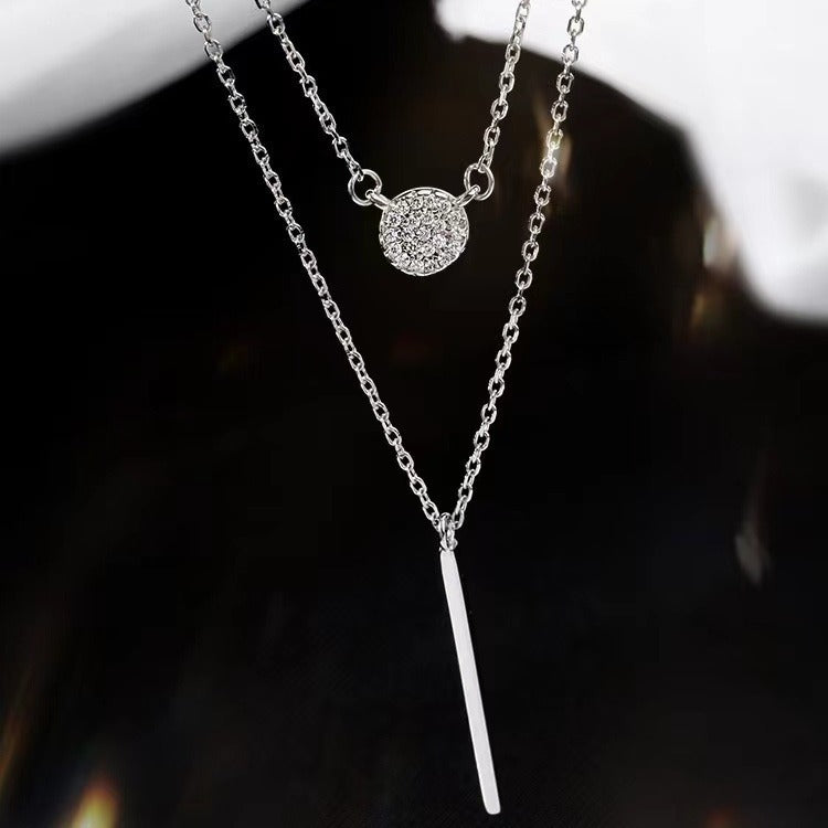 Elegant 925 Silver Double Chain Necklace – Dainty Zircon Pendant for Women