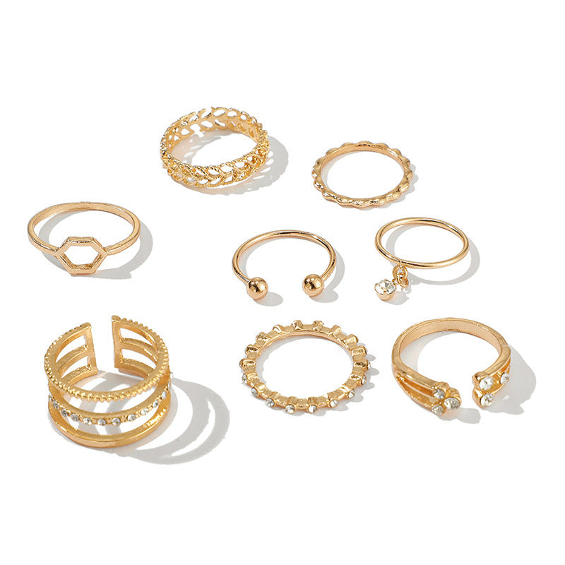 Luxury Gold Ring Set – 8-Piece Dainty & Boho Stacking Rings with Rhinestone Charms