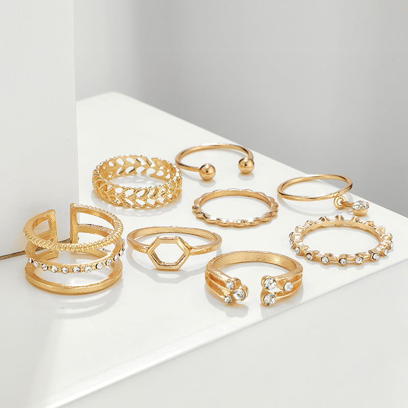 Luxury Gold Ring Set – 8-Piece Dainty & Boho Stacking Rings with Rhinestone Charms