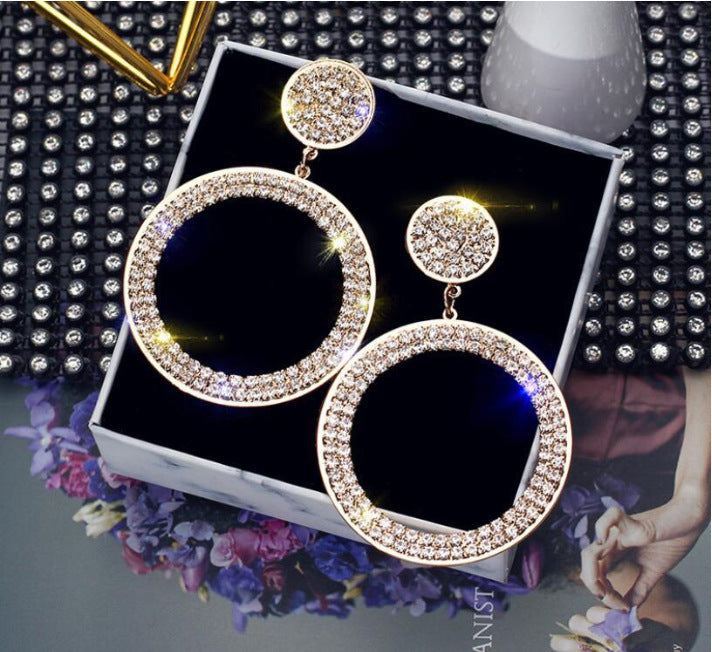Statement Crystal Circle Drop Earrings – Bold Glamour in Gold