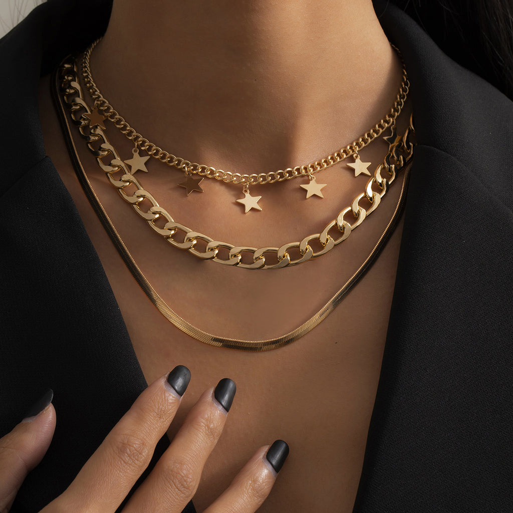 Layered Gold Star Choker – Trendy Multi-Chain Necklace for Bold Women
