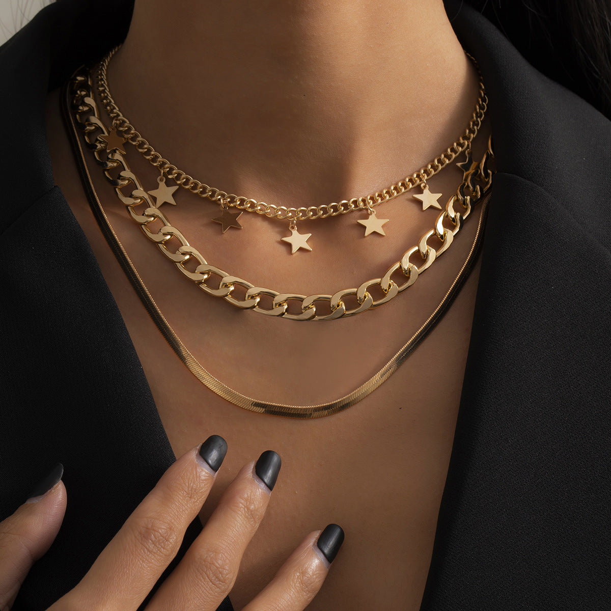 Layered Gold Star Choker – Trendy Multi-Chain Necklace for Bold Women