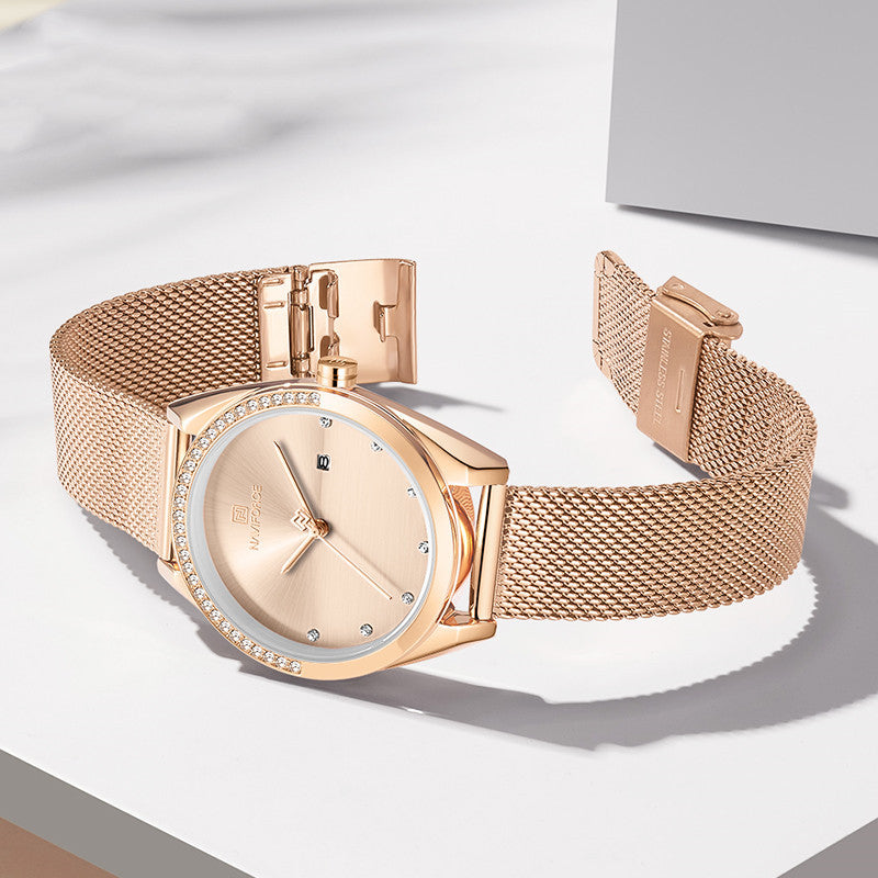 Luxury Waterproof Quartz Watch – Rose Gold Mesh for Women with Calendar