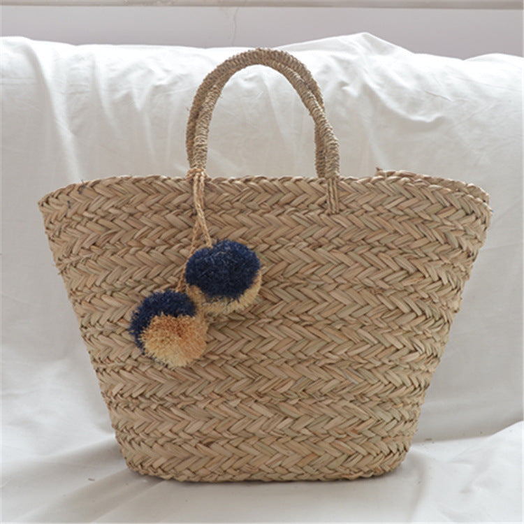 Handwoven Straw Tote – Summer Raffia Beach Bag with Pom-Pom Charm