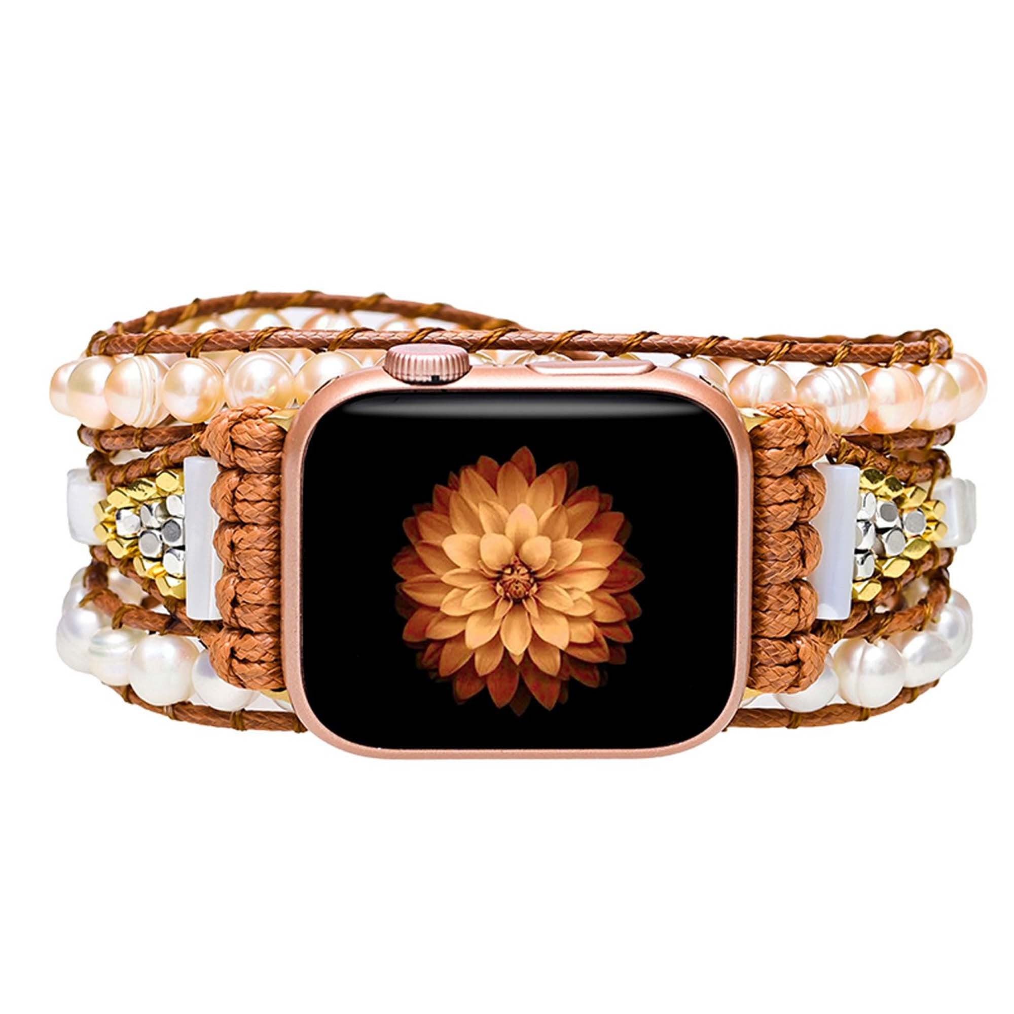 Boho Pearl Apple Watch Strap – Handmade Leather Bracelet Band for Women