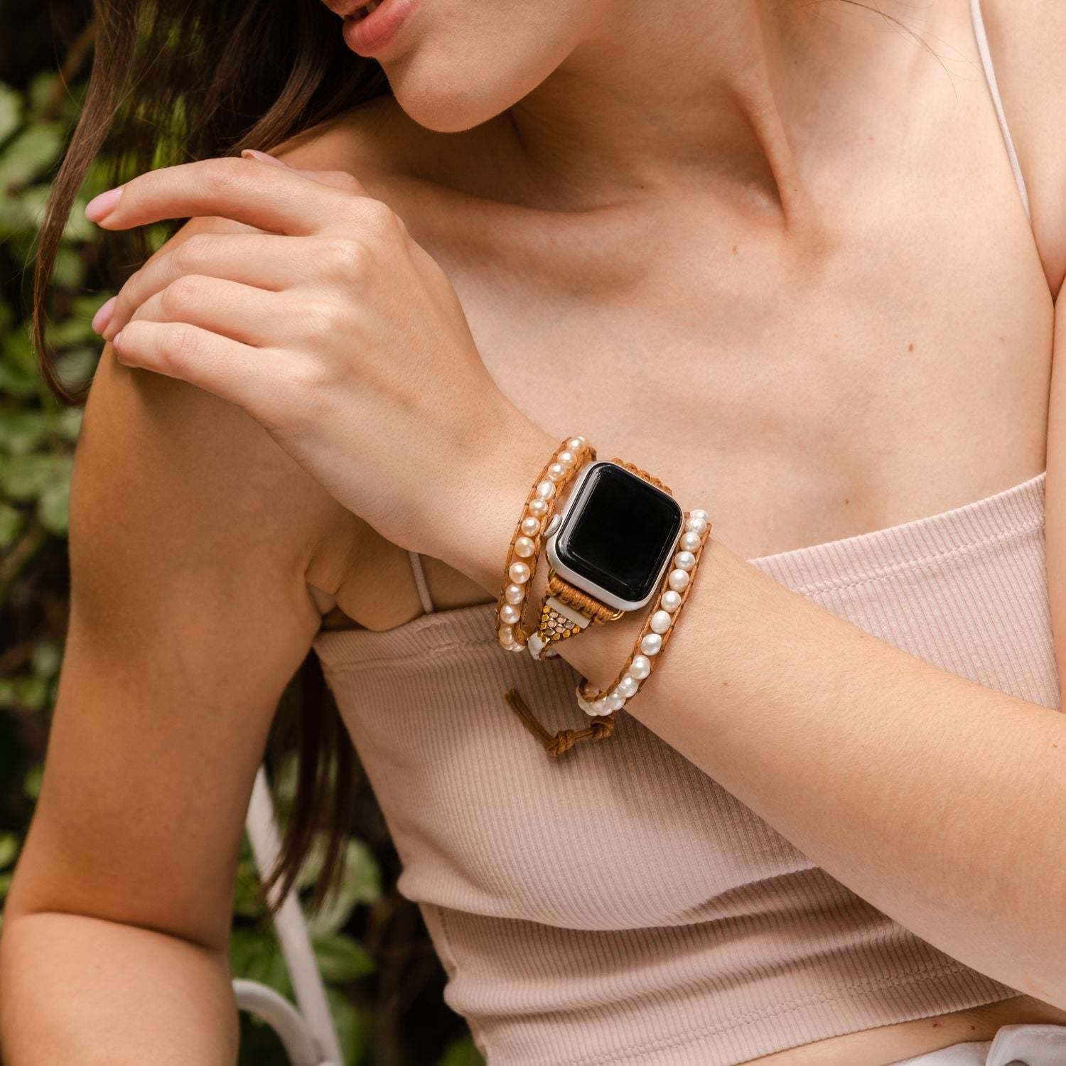 Boho Pearl Apple Watch Strap – Handmade Leather Bracelet Band for Women