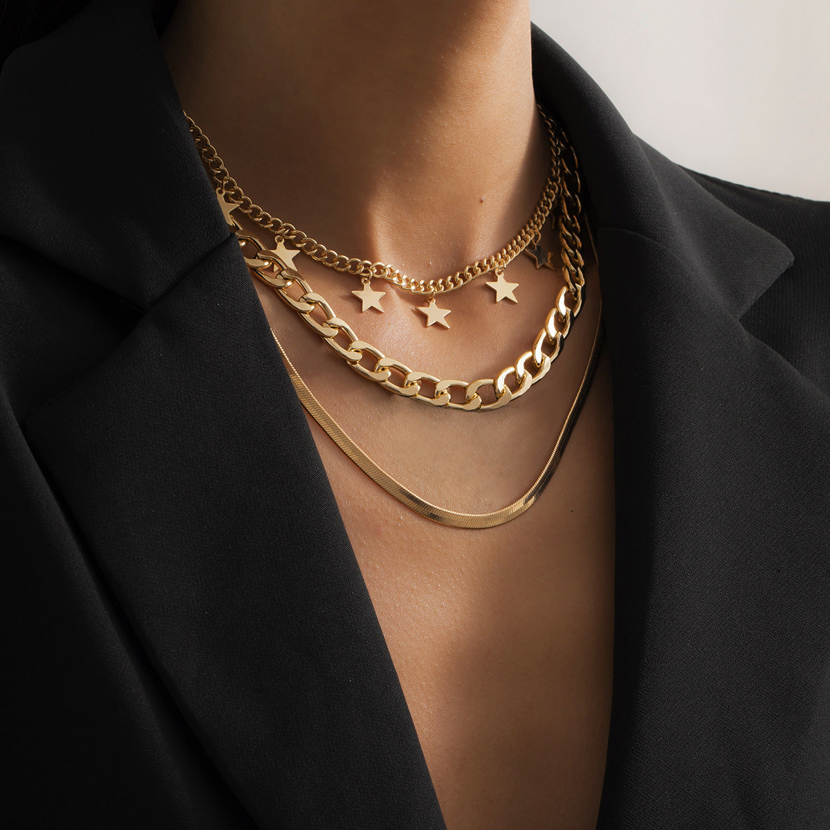 Layered Gold Star Choker – Trendy Multi-Chain Necklace for Bold Women