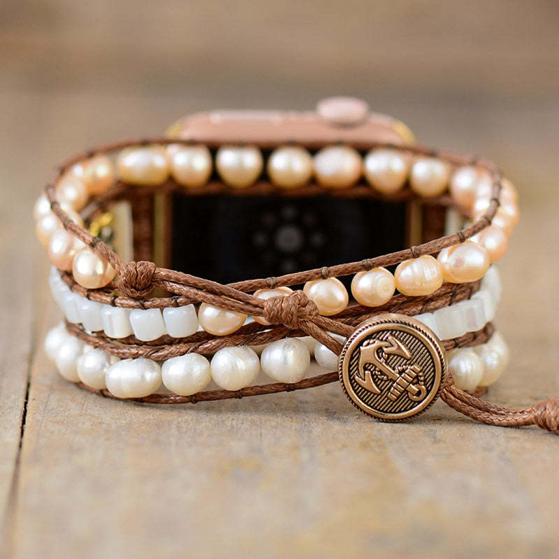 Boho Pearl Apple Watch Strap – Handmade Leather Bracelet Band for Women