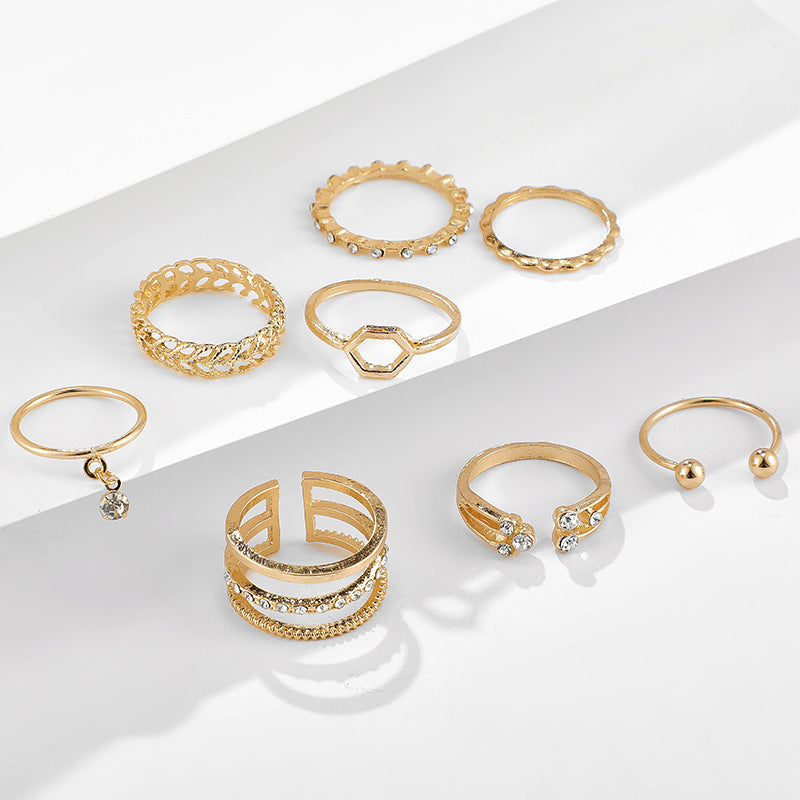 Luxury Gold Ring Set – 8-Piece Dainty & Boho Stacking Rings with Rhinestone Charms