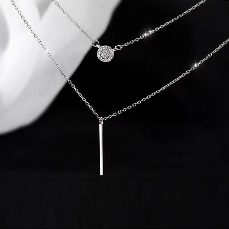 Elegant 925 Silver Double Chain Necklace – Dainty Zircon Pendant for Women