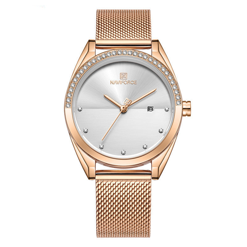 Luxury Waterproof Quartz Watch – Rose Gold Mesh for Women with Calendar