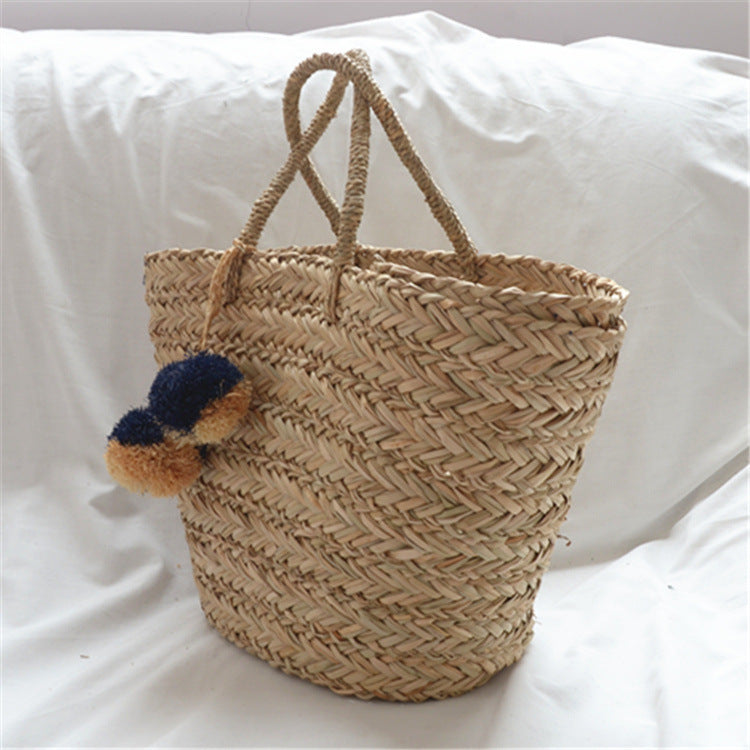 Handwoven Straw Tote – Summer Raffia Beach Bag with Pom-Pom Charm