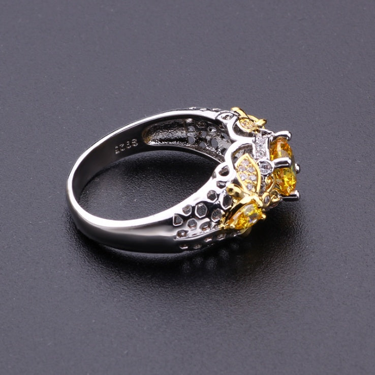 Golden Butterfly Zircon Ring – Vintage Elegance with Yellow Sparkle for Women