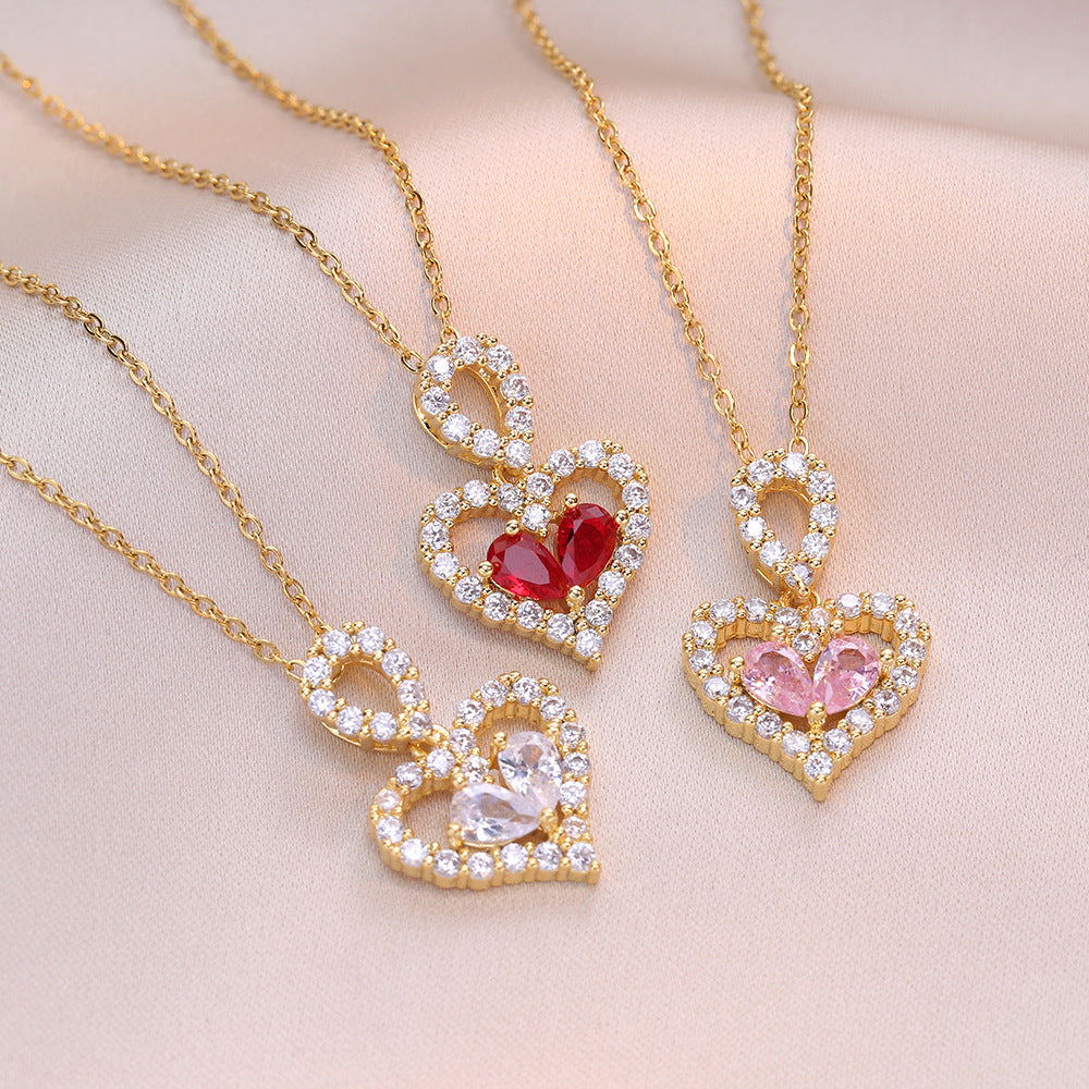 Red Rhinestone Heart Necklace – Elegant Crystal Pendant for Women