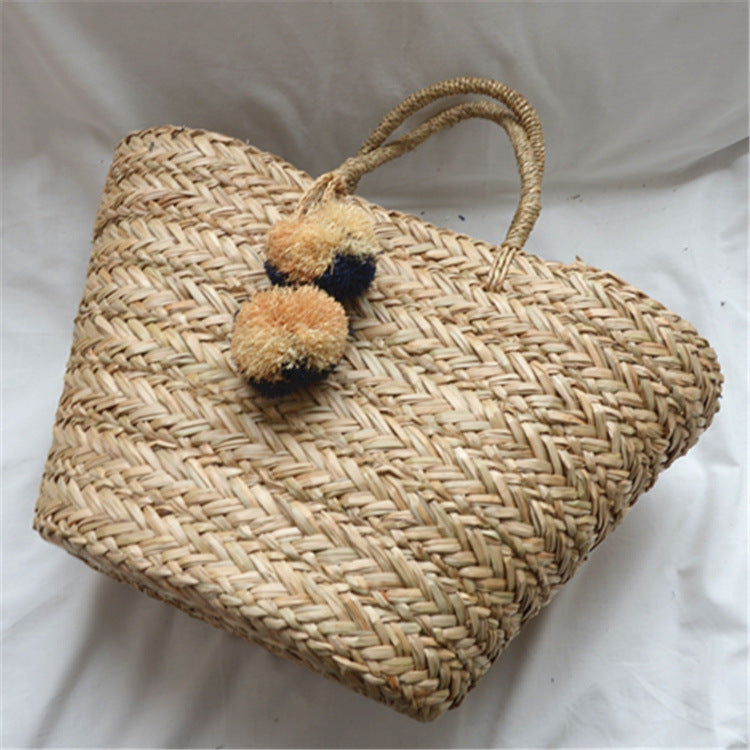 Handwoven Straw Tote – Summer Raffia Beach Bag with Pom-Pom Charm