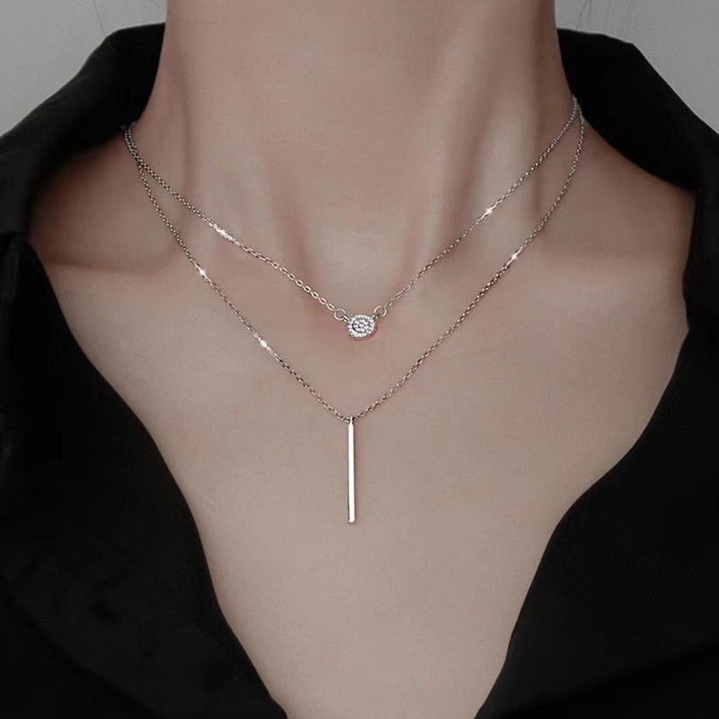 Elegant 925 Silver Double Chain Necklace – Dainty Zircon Pendant for Women