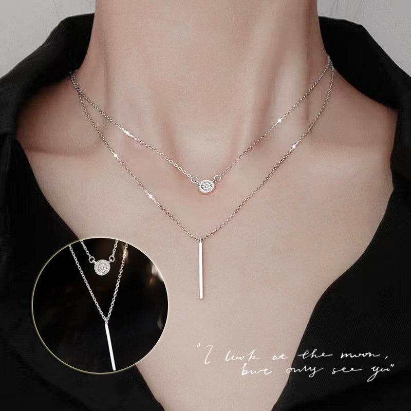 Elegant 925 Silver Double Chain Necklace – Dainty Zircon Pendant for Women
