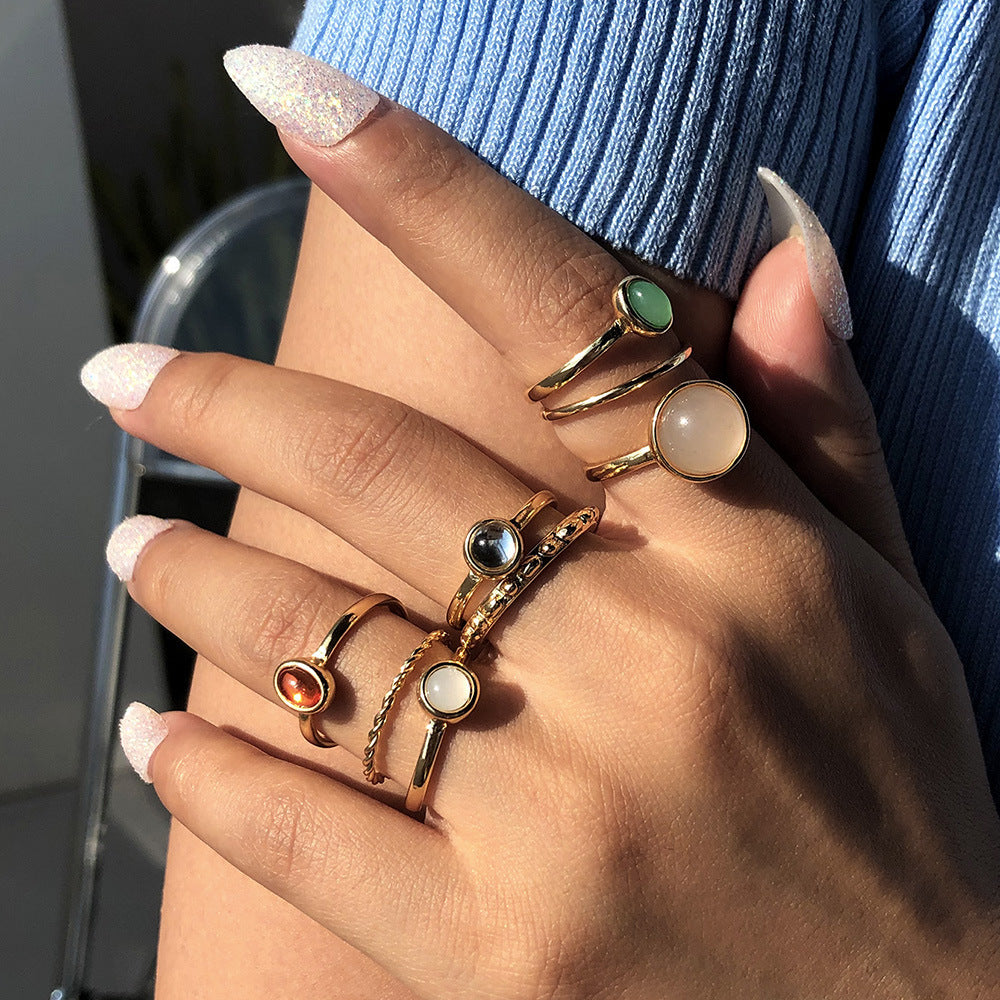 Golden Stackable Rings Set – Elegant Boho Style with Subtle Stones for Women