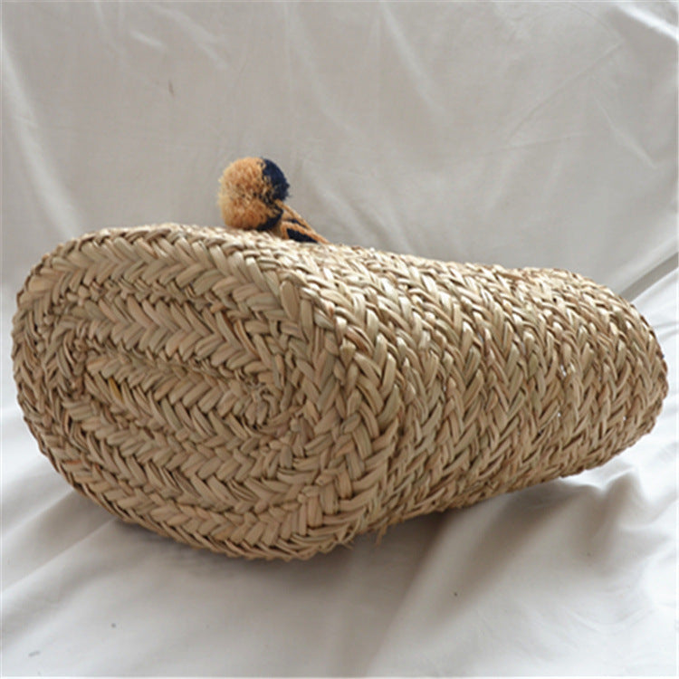 Handwoven Straw Tote – Summer Raffia Beach Bag with Pom-Pom Charm