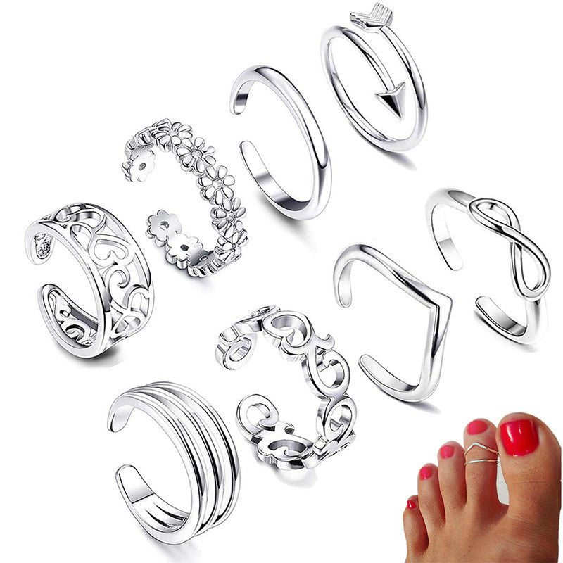 9-Piece Silver Toe & Finger Ring Set – Adjustable Boho Charm Rings for Women