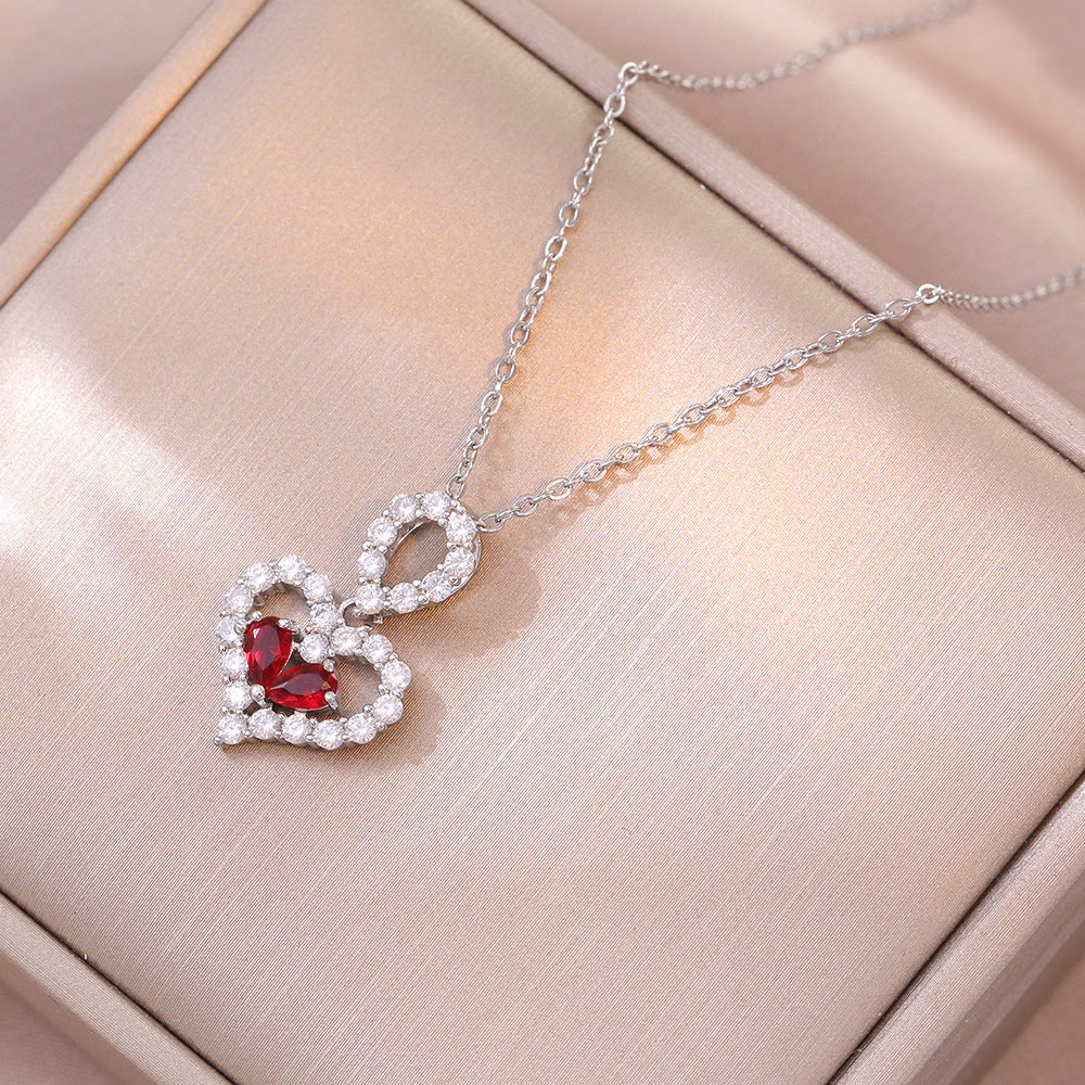 Red Rhinestone Heart Necklace – Elegant Crystal Pendant for Women