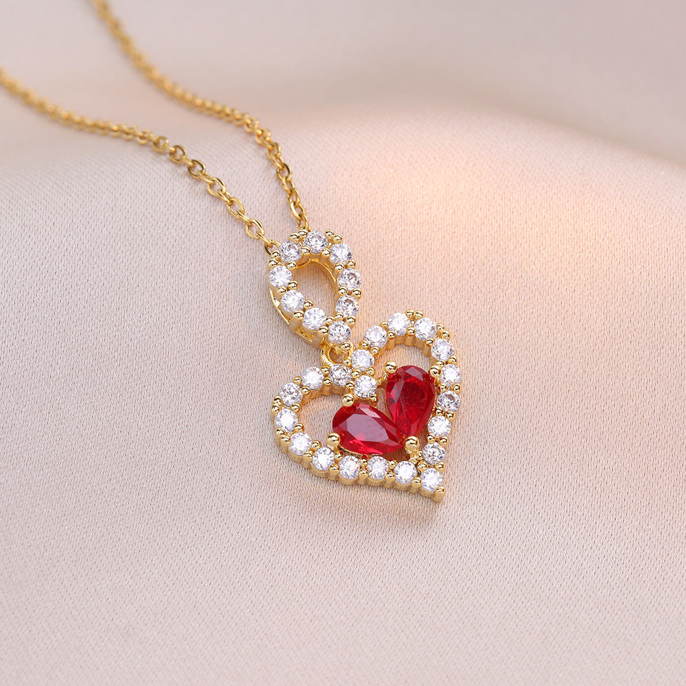 Red Rhinestone Heart Necklace – Elegant Crystal Pendant for Women