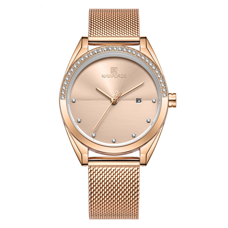 Luxury Waterproof Quartz Watch – Rose Gold Mesh for Women with Calendar