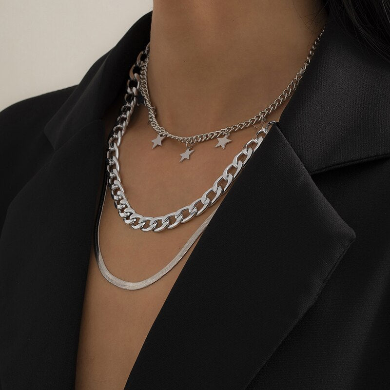 Layered Gold Star Choker – Trendy Multi-Chain Necklace for Bold Women