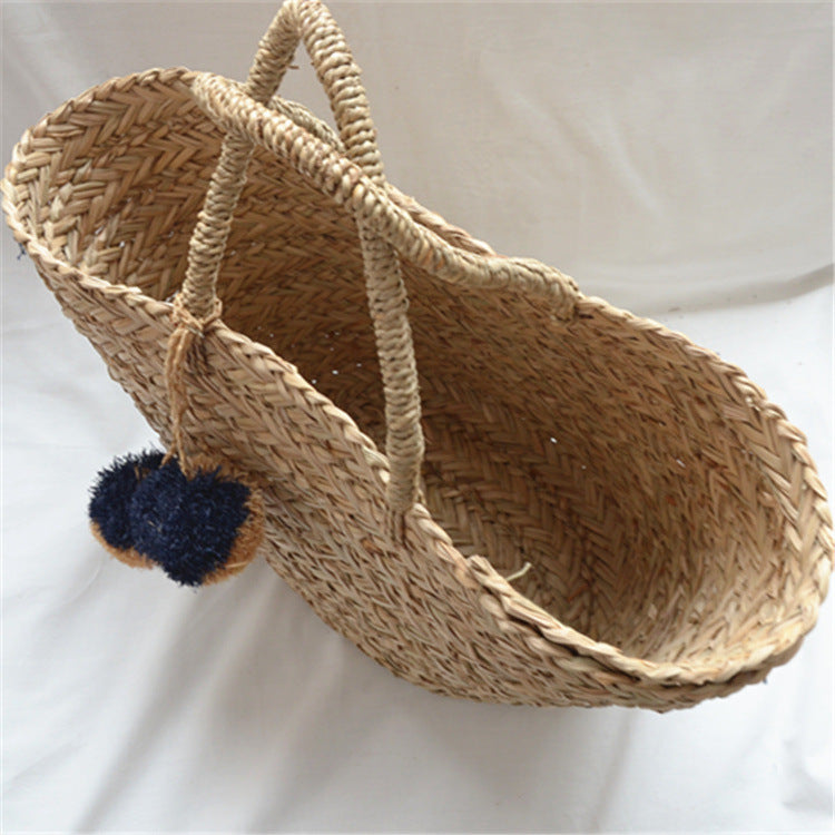 Handwoven Straw Tote – Summer Raffia Beach Bag with Pom-Pom Charm