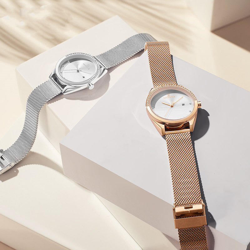 Luxury Waterproof Quartz Watch – Rose Gold Mesh for Women with Calendar