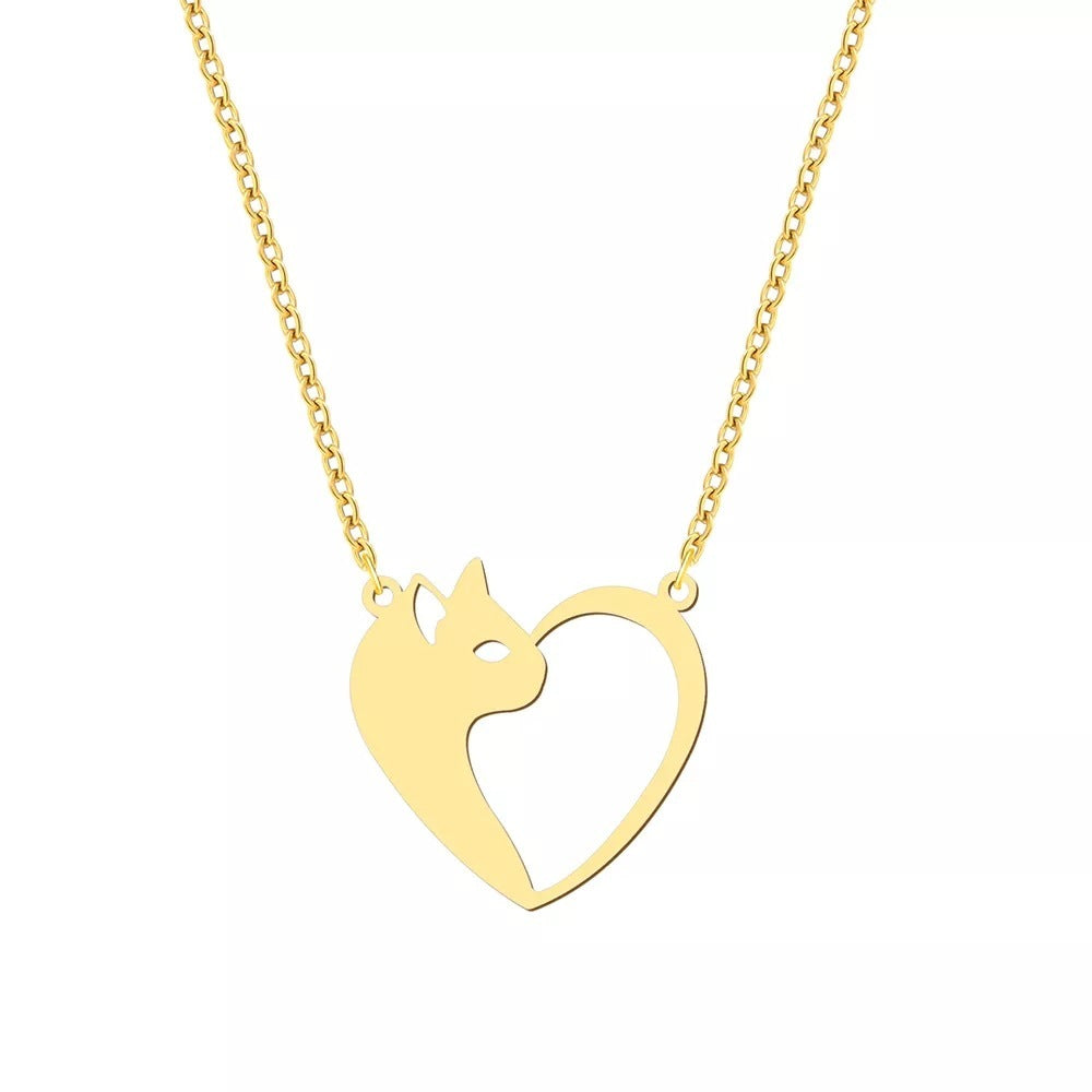 Gold Cat Heart Necklace – Cute Stainless Steel Pendant for Animal Lovers