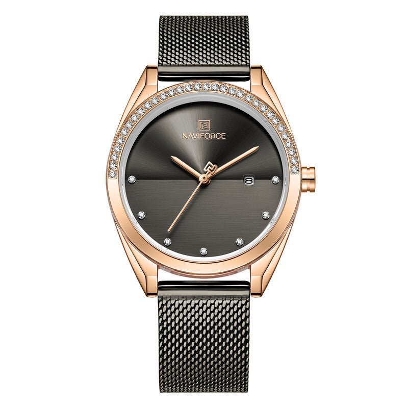 Luxury Waterproof Quartz Watch – Rose Gold Mesh for Women with Calendar